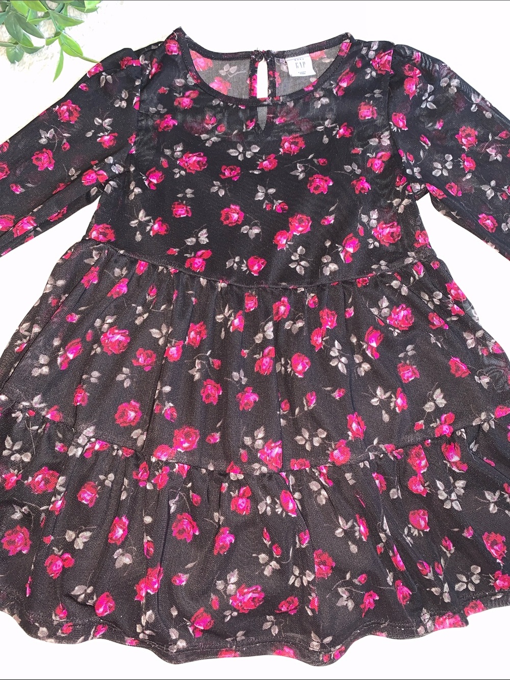 Gap Dark Brown Sheer Overlay Dress Roses 3 EUC